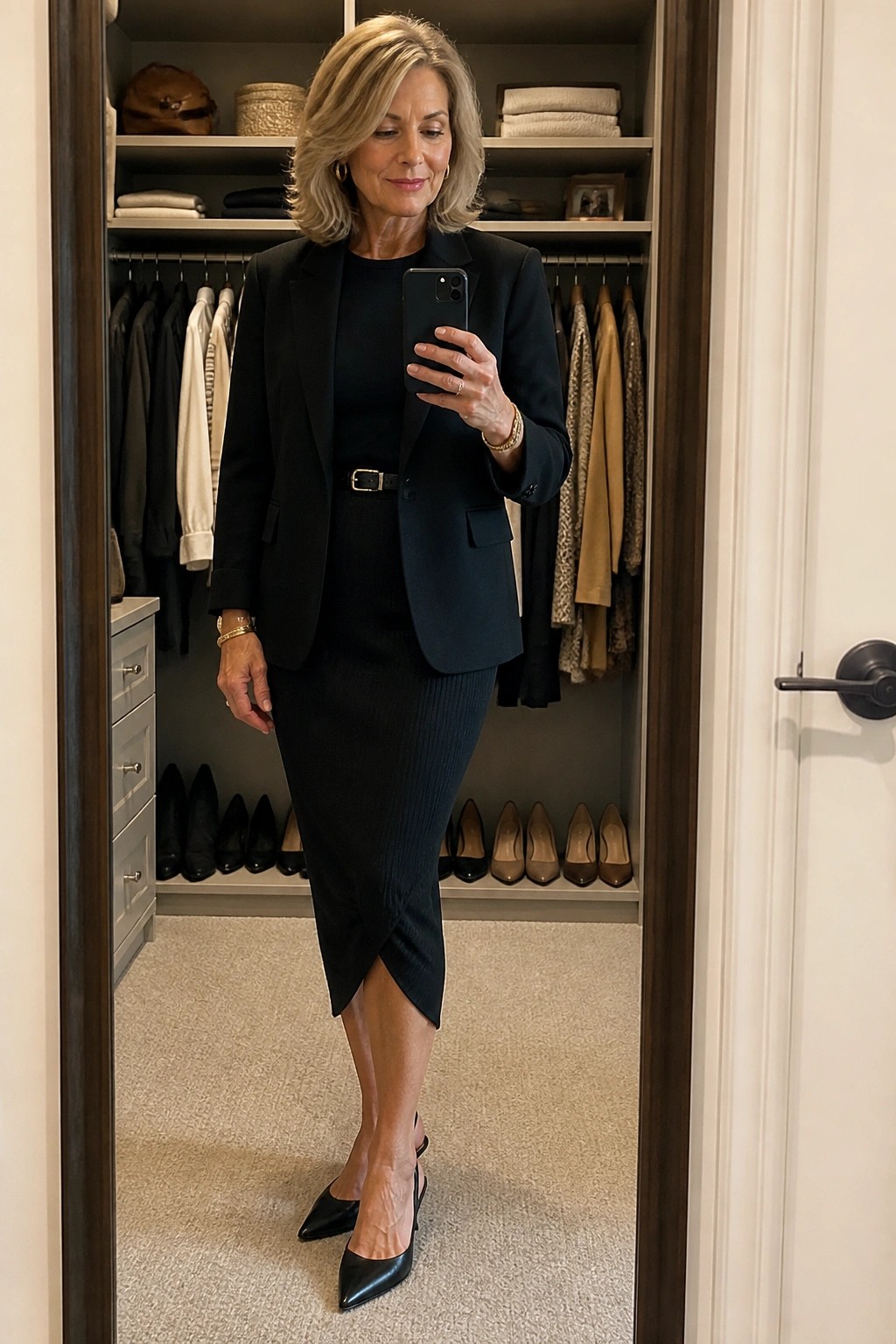 Woman in black blazer and pencil skirt taking mirror selfie in closet