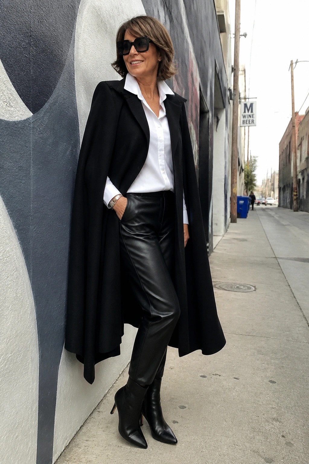 Stylish woman in black cape, white shirt, and leather pants on urban sidewalk.
