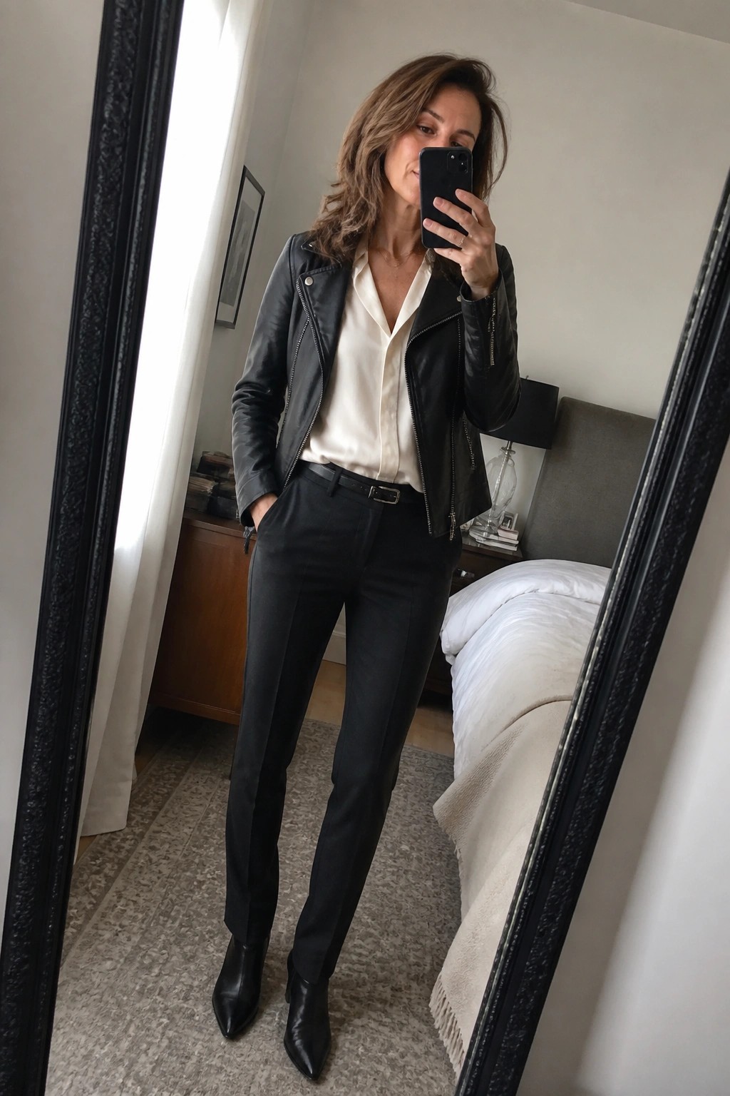 Woman wearing black leather moto jacket over white satin blouse with black trousers black belt and pointed black ankle boots in mirror selfie.