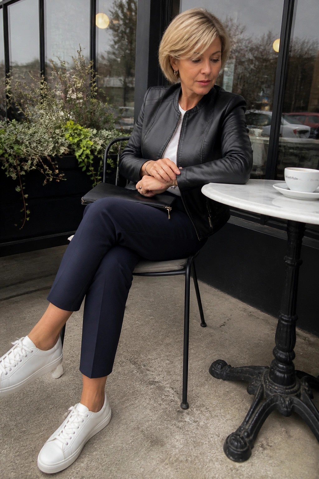 Blonde woman in black leather jacket checks watch at outdoor cafe table with white sneakers.