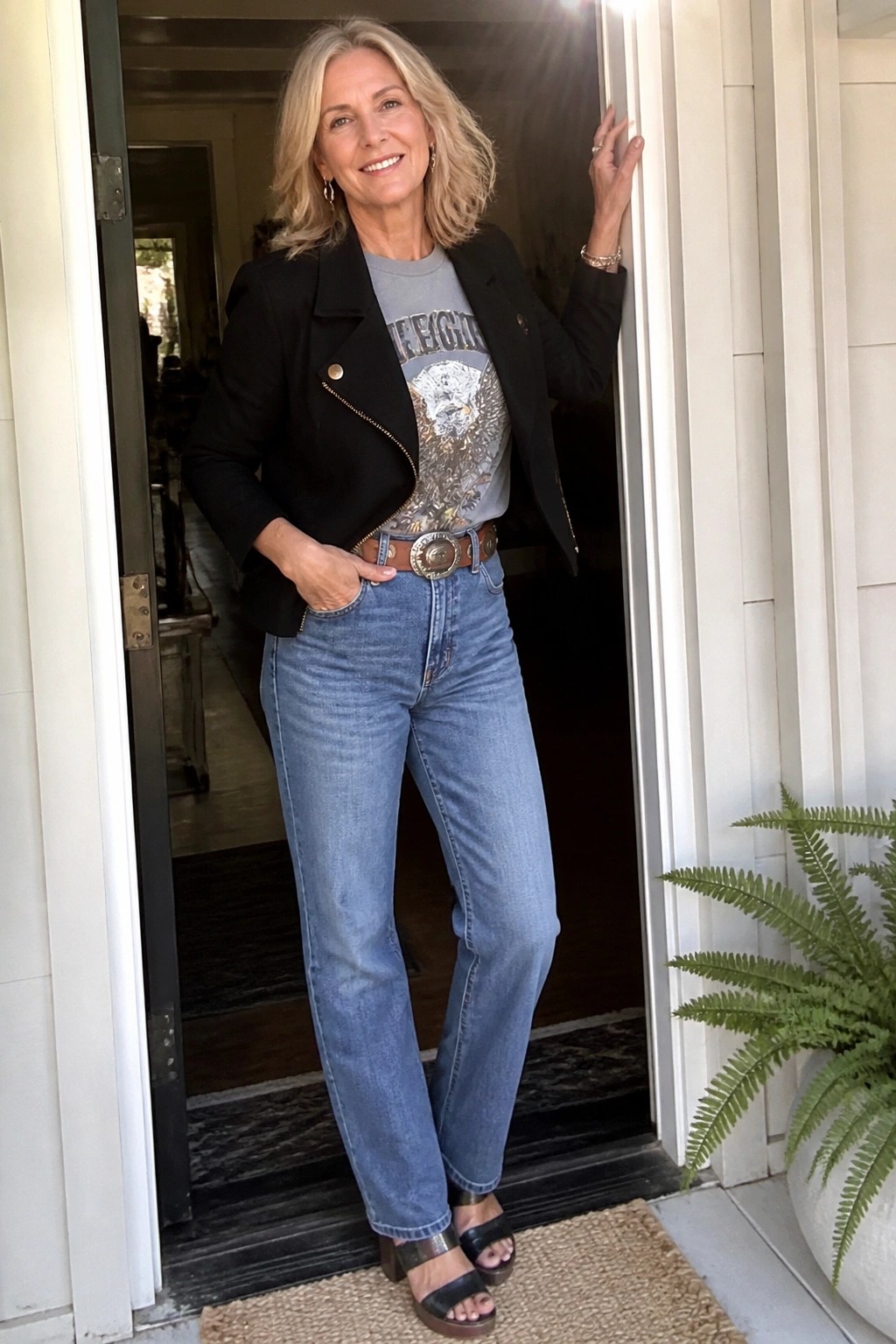 Woman over 50 wearing black moto jacket over gray eagle graphic tee tucked into blue straight leg jeans with brown leather belt silver buckle and black slide sandals with metallic heel detail.