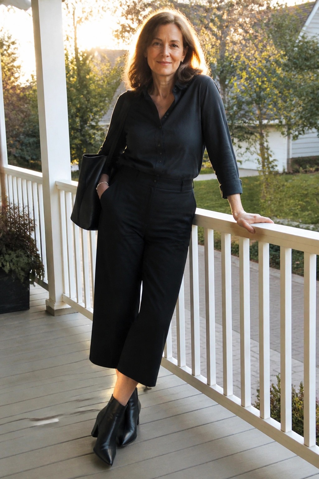 A woman wearing an all black outfit with a button down shirt, high waisted cropped wide leg pants, pointed ankle boots, and a large tote bag.