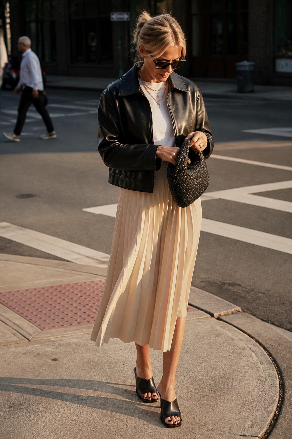 Blonde woman in black leather jacket and beige pleated skirt holding woven handbag on city street
