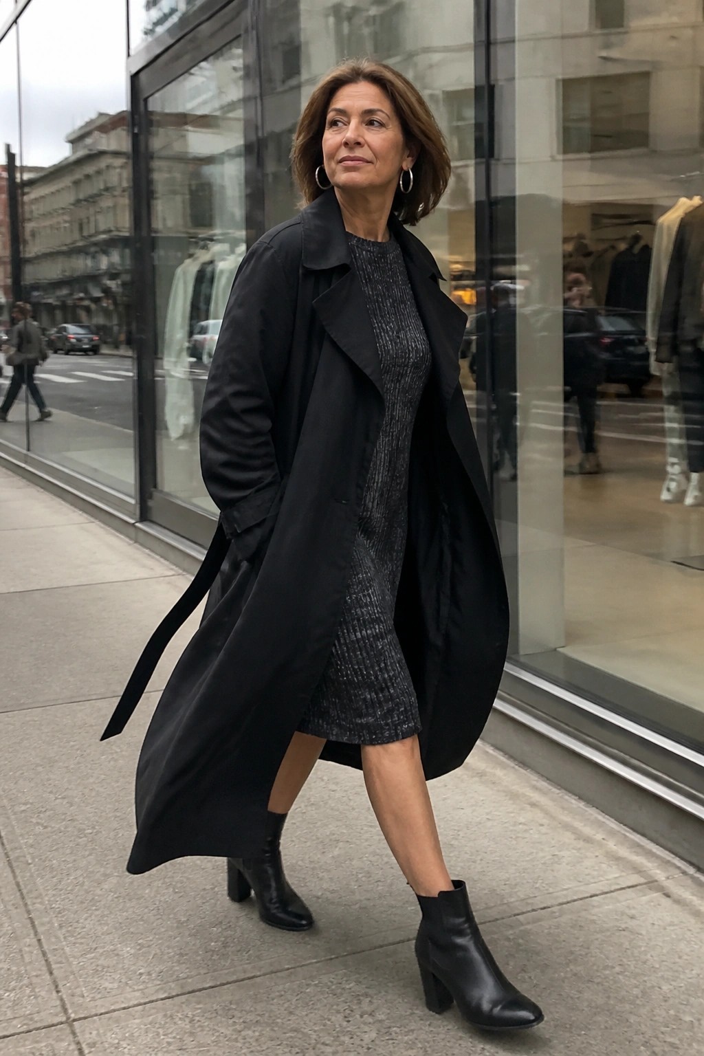 Woman in open black trench coat over sparkly dress on city sidewalk