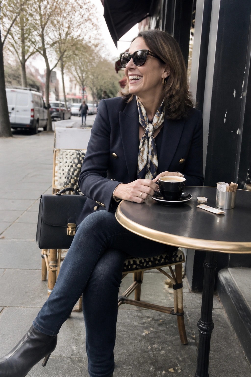 Smiling woman in navy blazer and scarf holds coffee at outdoor cafe table