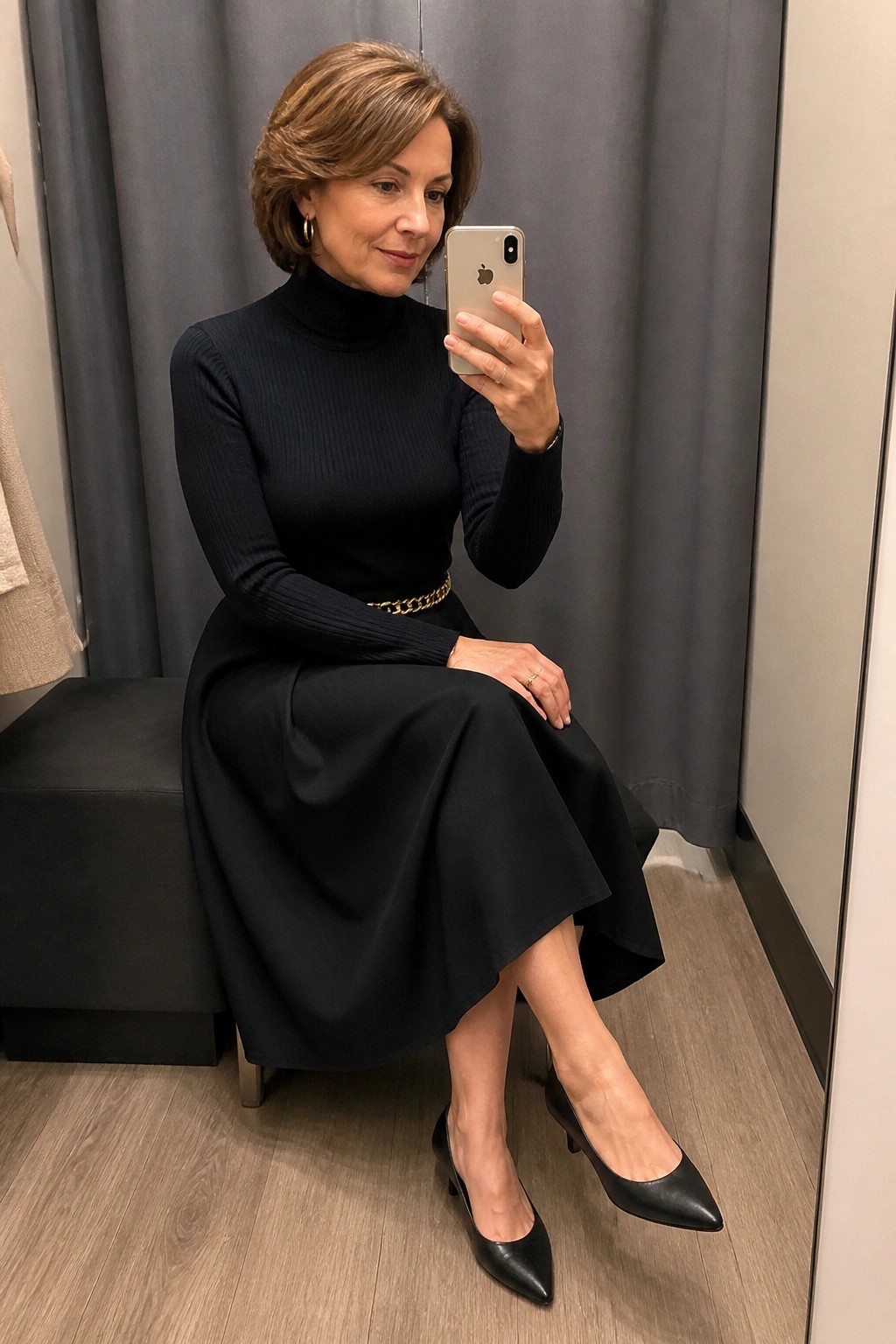Woman in black turtleneck midi sweater dress with gold chain belt and black pointed heels taking a mirror selfie.