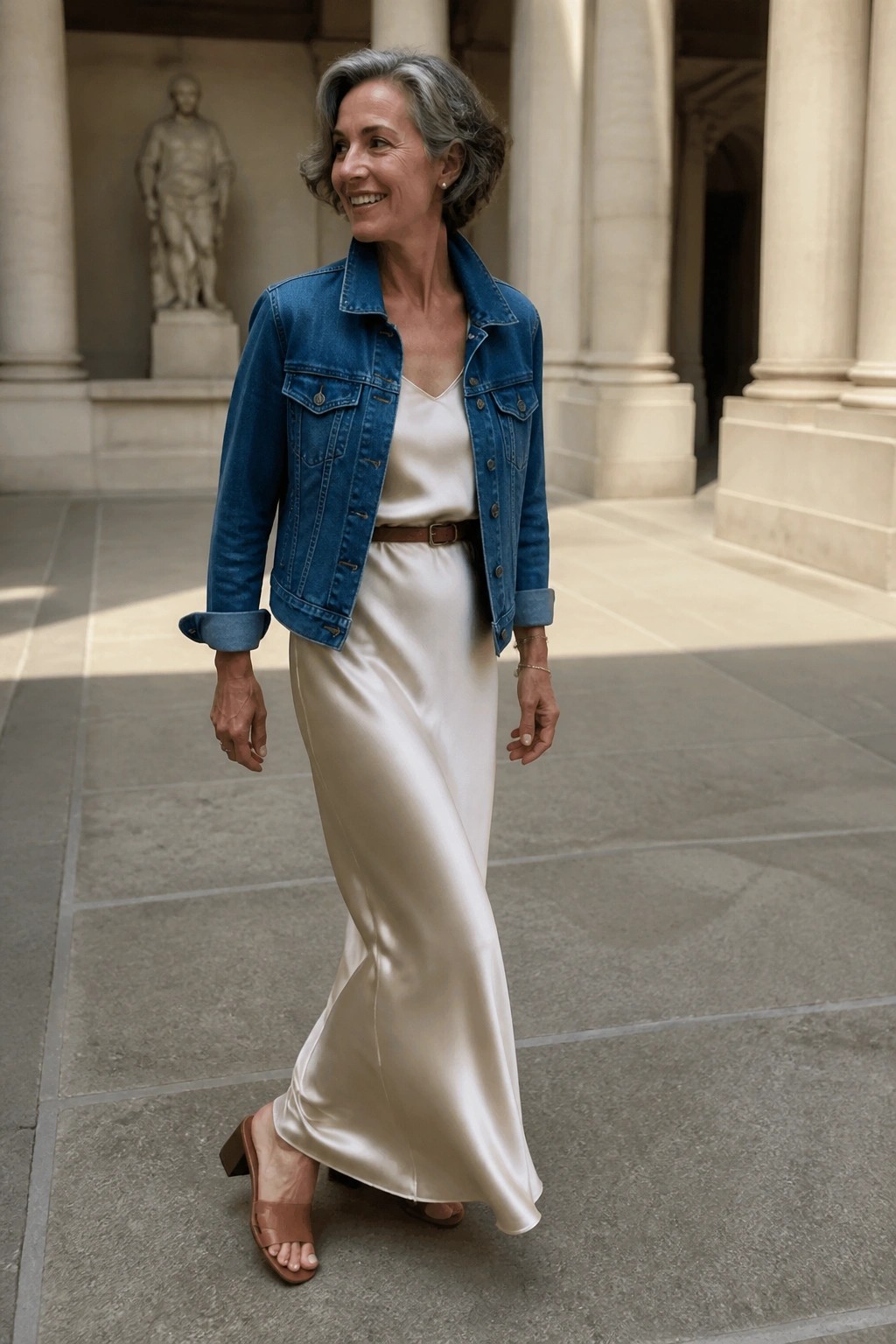 Smiling gray-haired woman in blue denim jacket and white satin dress by stone columns.