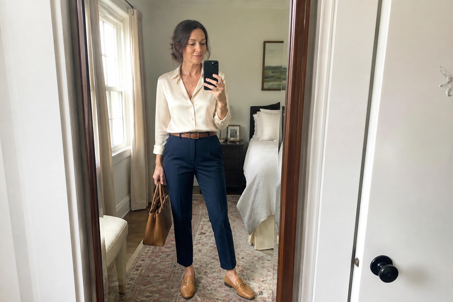 Blonde woman in cream blouse and navy pants taking bedroom mirror selfie with bag