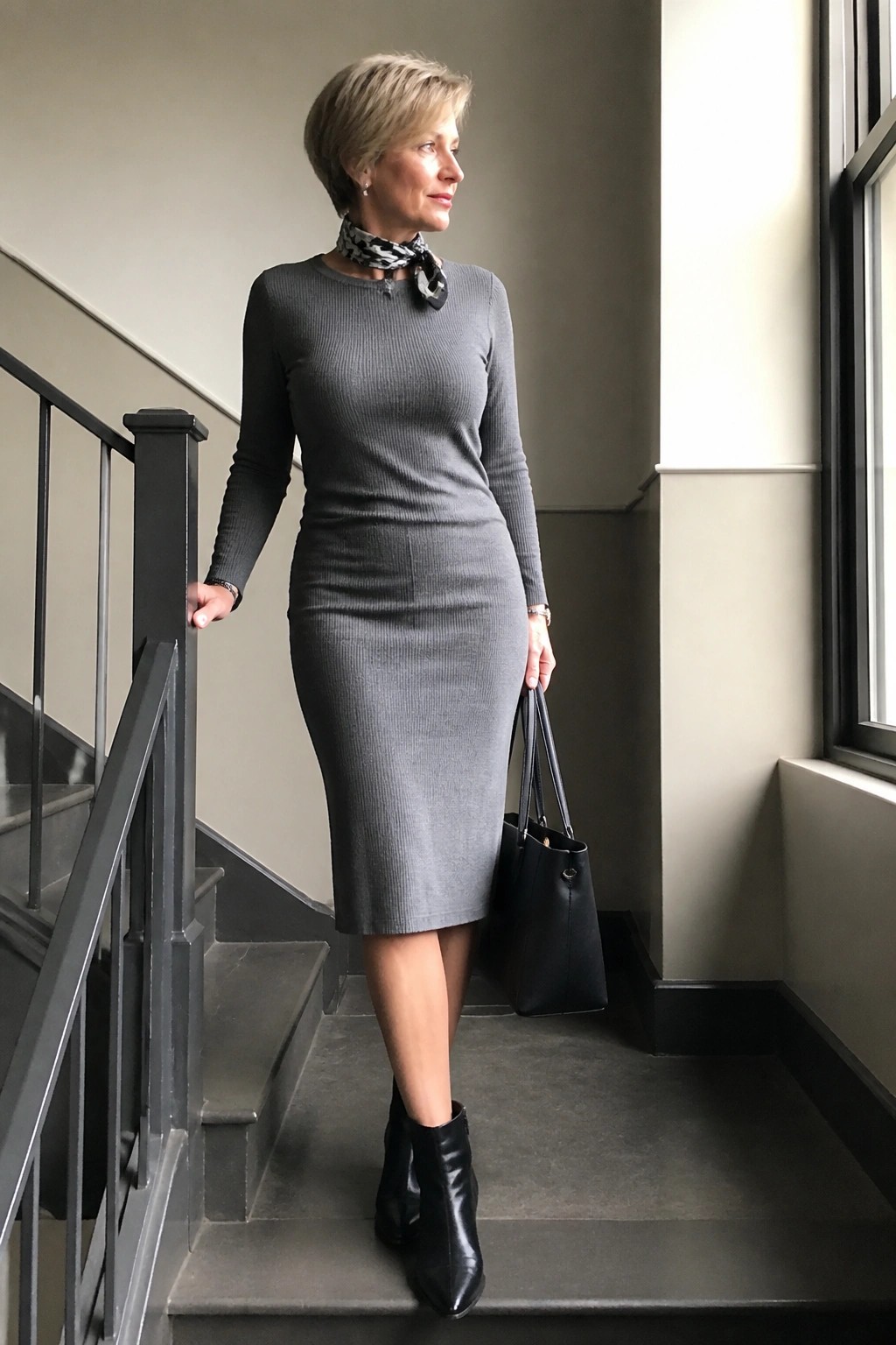 Woman in gray ribbed dress and scarf holding black bag on staircase