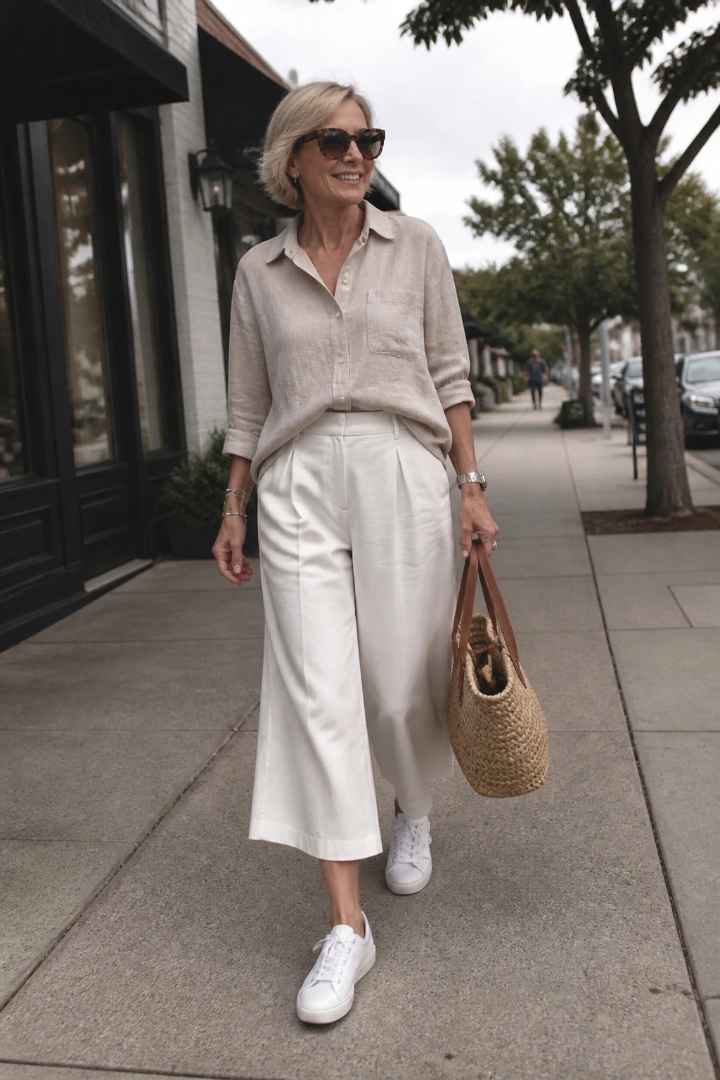 Smiling woman in beige linen shirt and white wide-leg pants carrying woven tote on sidewalk.