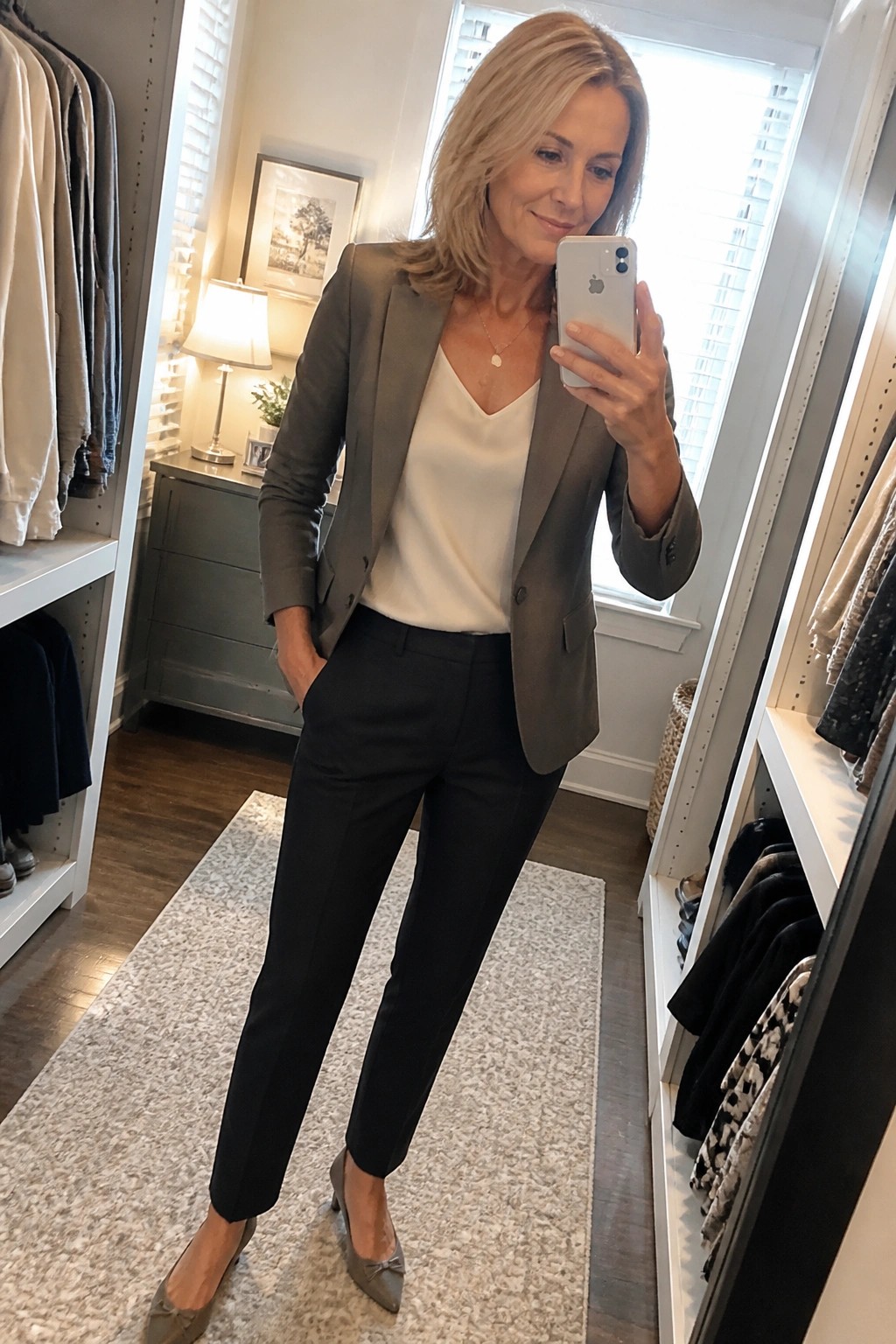 Blonde woman in gray blazer and black pants taking mirror selfie in closet