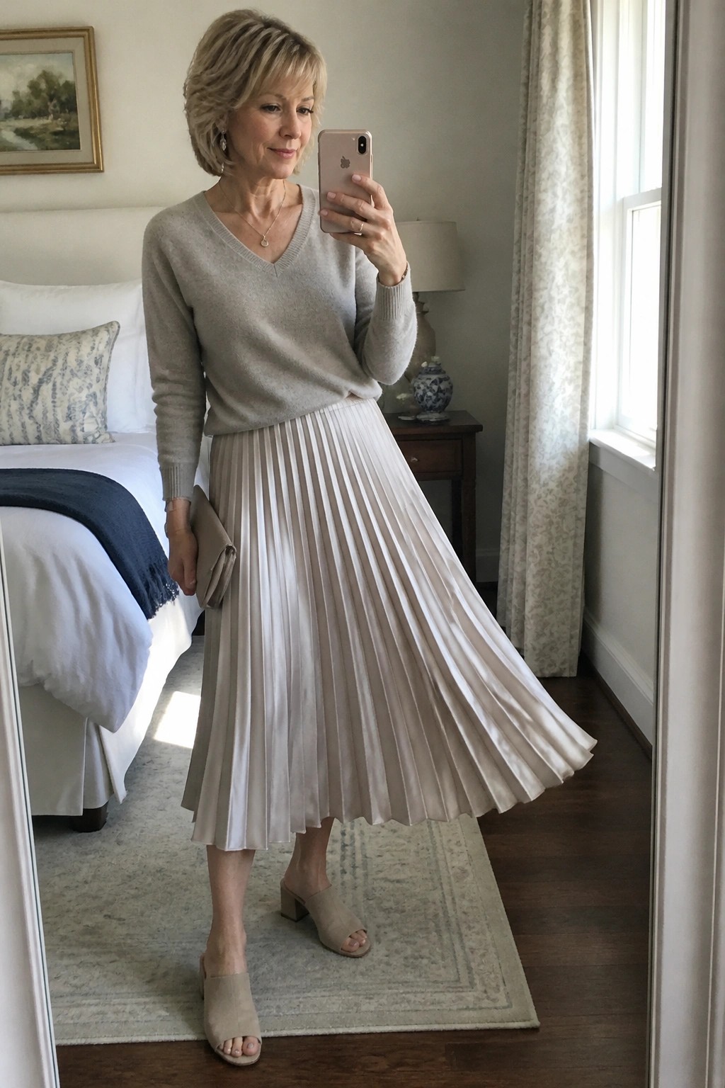 Woman in gray sweater and pleated beige skirt taking mirror selfie in bedroom