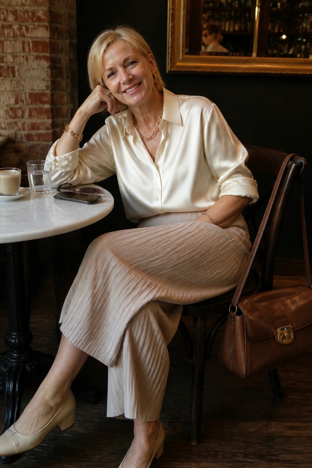 Smiling blonde woman in cream satin blouse and pleated skirt at cafe table with coffee and bag.