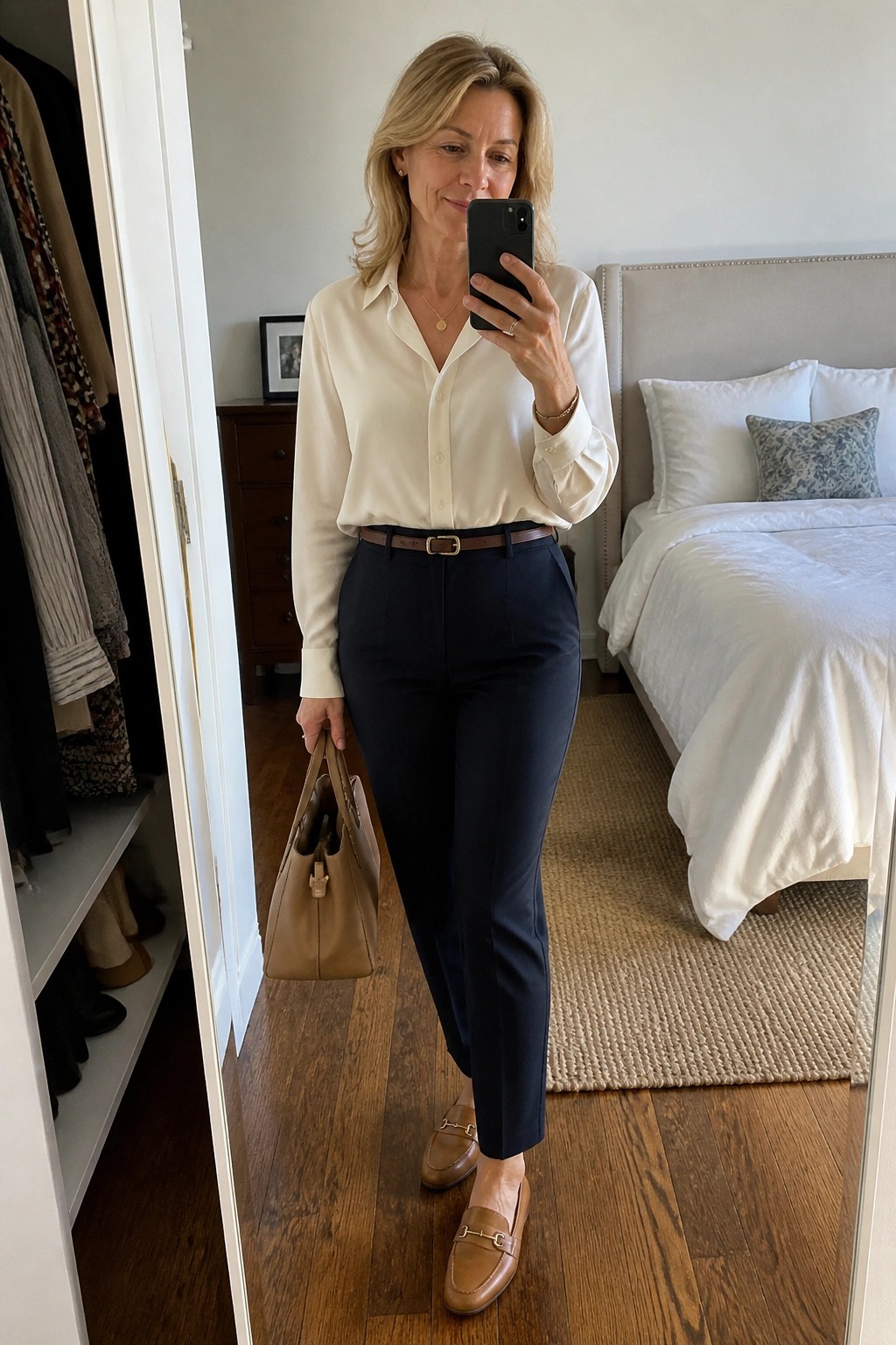 Blonde woman in cream blouse and navy pants taking bedroom mirror selfie with bag