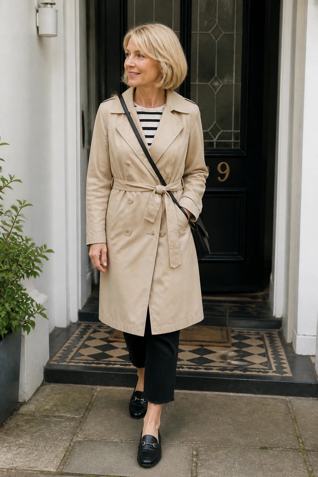 Blonde woman in belted beige trench coat and black loafers at doorway