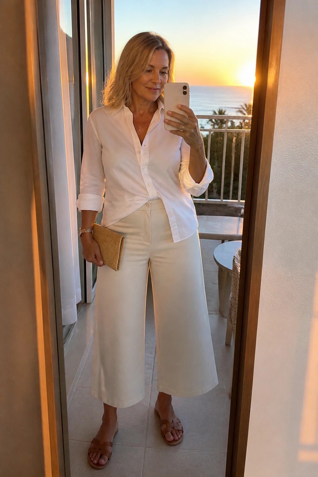 Woman in white shirt and pants taking selfie on sunset ocean balcony