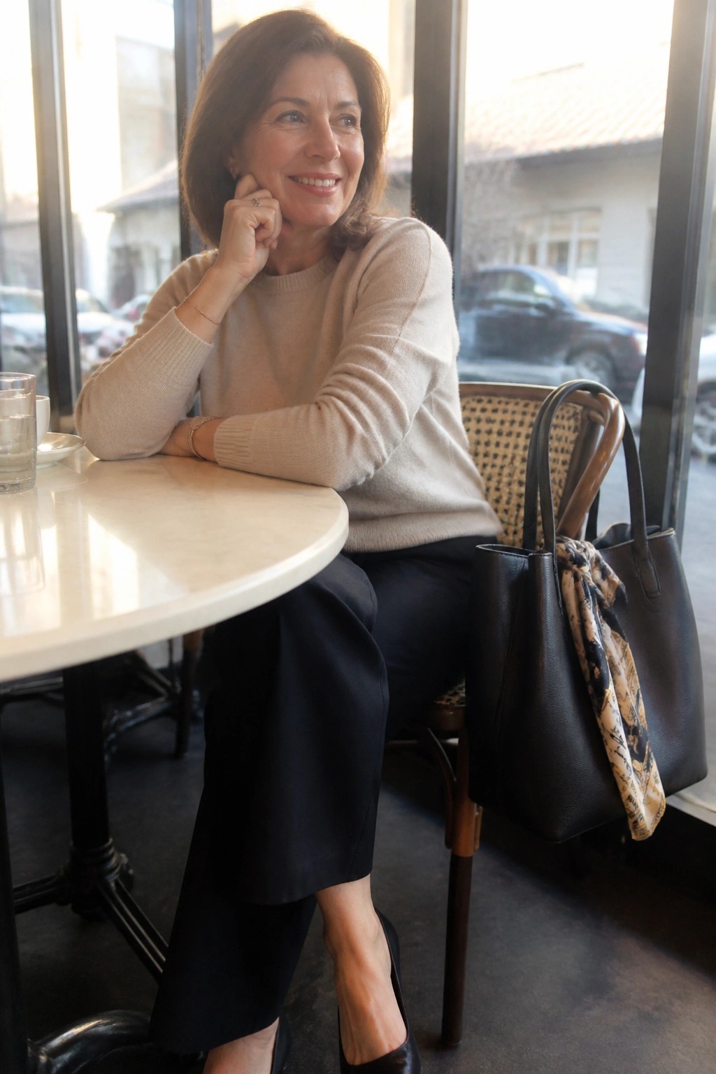 Smiling woman in beige sweater at cafe table with black leather handbag nearby