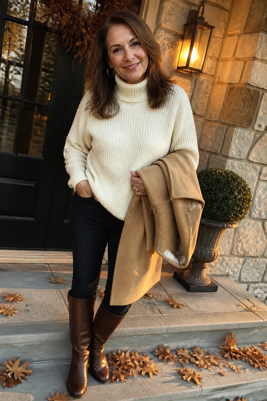 Smiling woman in cream turtleneck, dark jeans, brown boots holding tan coat on fall steps