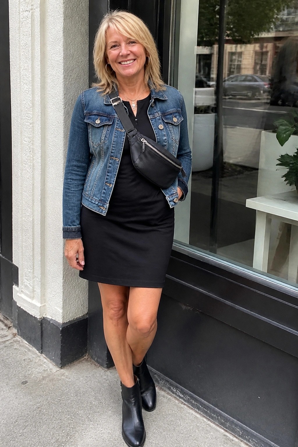 A woman over 50 in a denim jacket layered over a black dress paired with a black crossbody bag and black ankle boots.