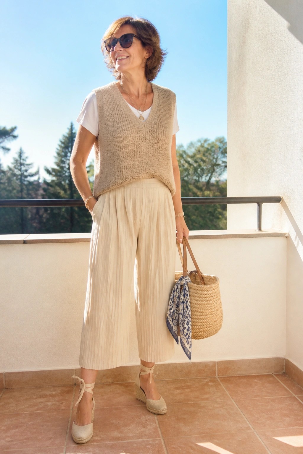 Woman in beige knit vest and pleated pants holding straw bag on sunny balcony
