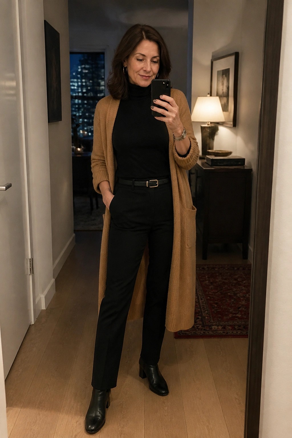 Woman in black turtleneck and tan cardigan taking mirror selfie in hallway