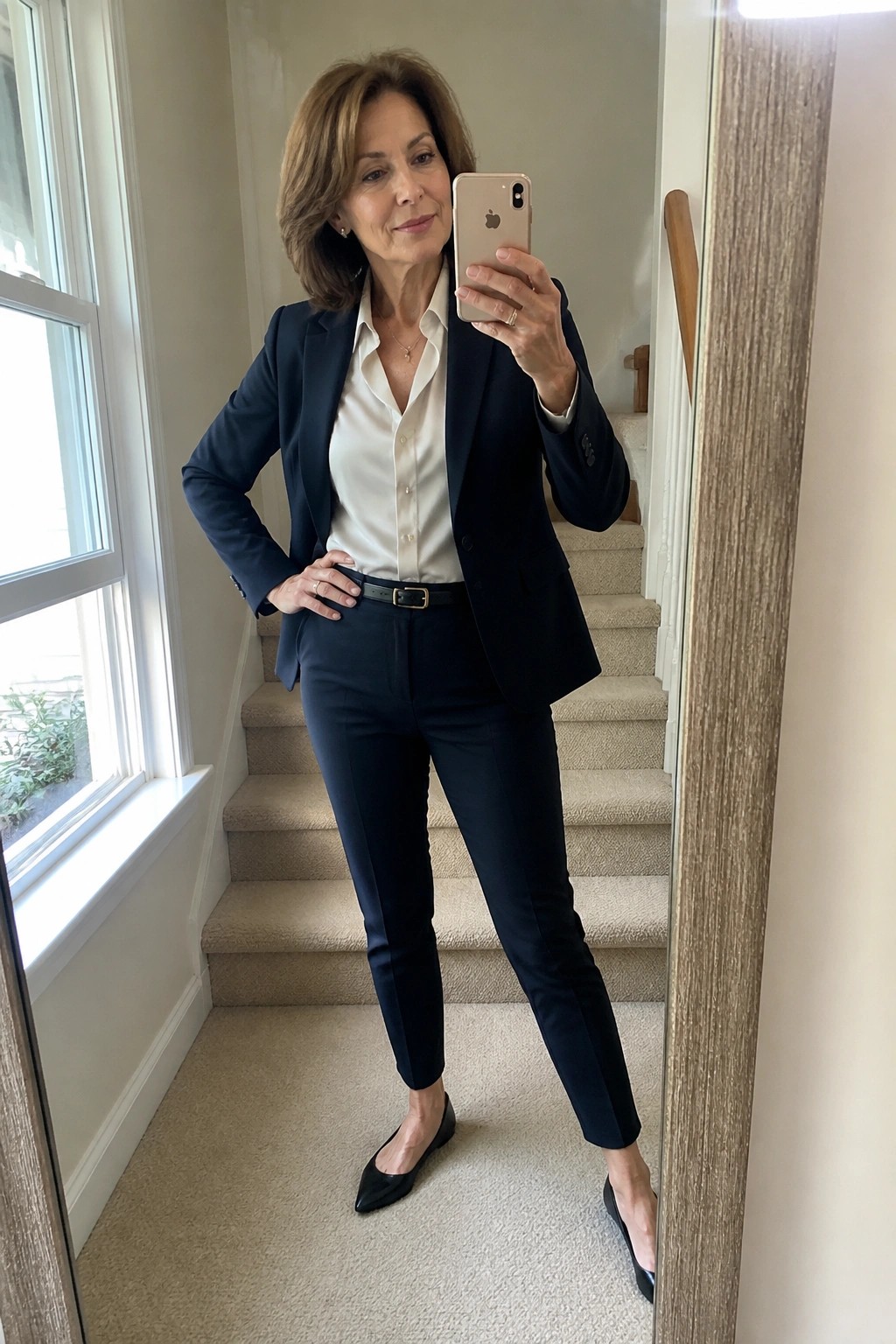 Woman in navy pantsuit and white shirt taking iPhone mirror selfie by stairs
