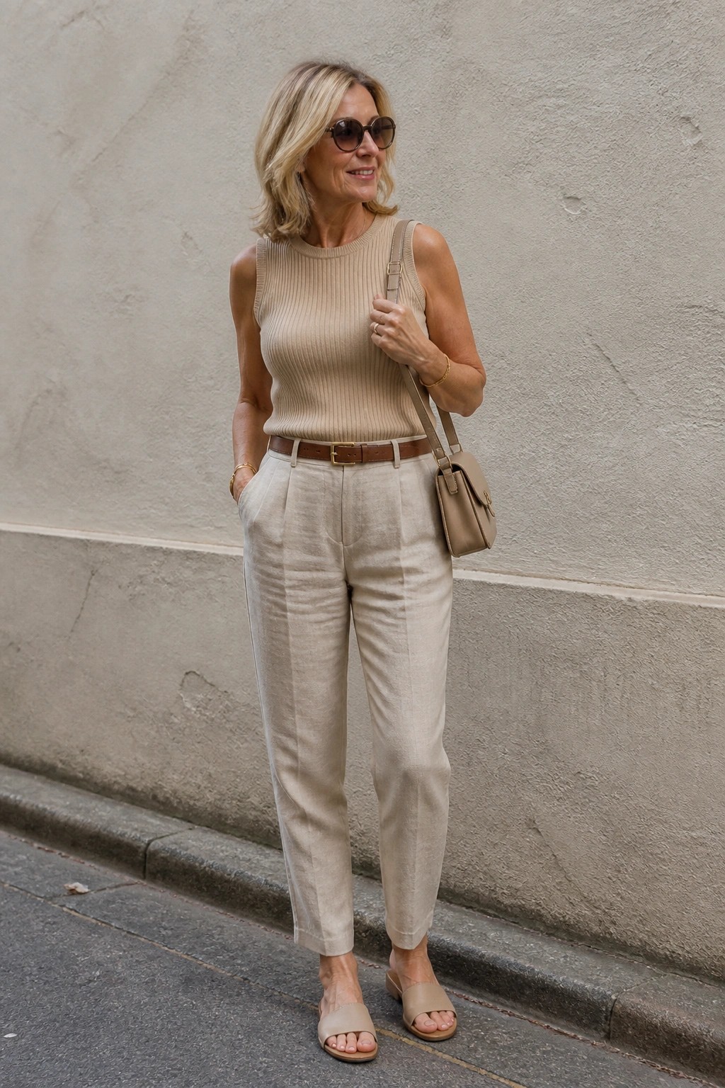 Blonde woman in beige sleeveless knit top and pleated trousers with brown belt and bag