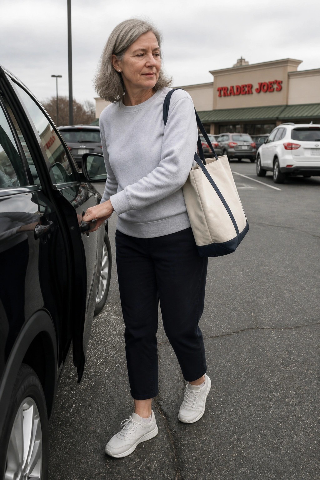 Gray-haired woman in gray sweatshirt holds black car door at Trader Joe's.