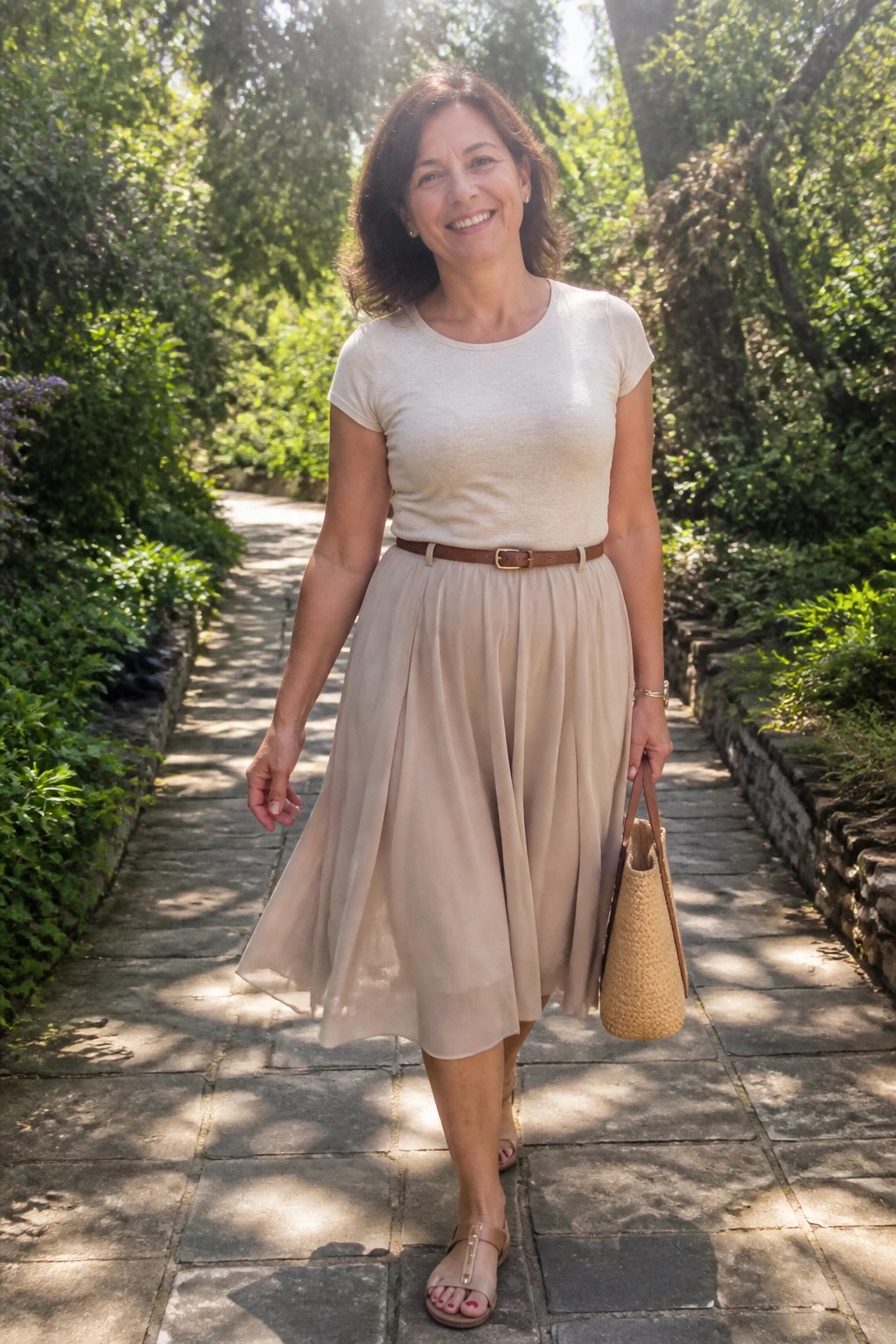 Smiling woman in cream top and beige pleated skirt holding straw bag on garden path