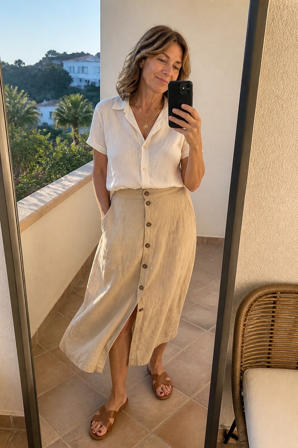 Woman in white shirt and beige buttoned skirt taking balcony mirror selfie with phone