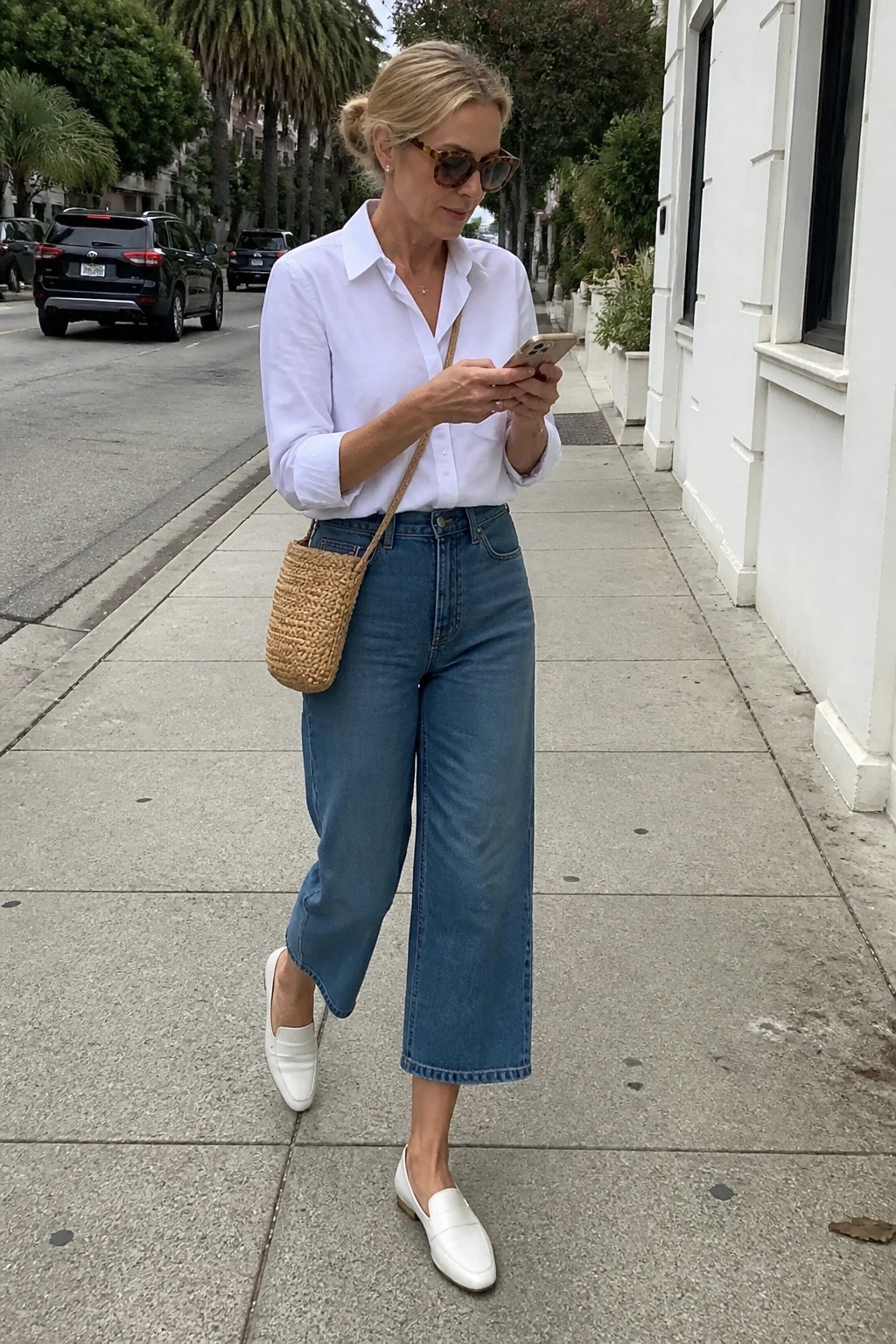Blonde woman in white shirt and cropped blue jeans checking phone on sidewalk