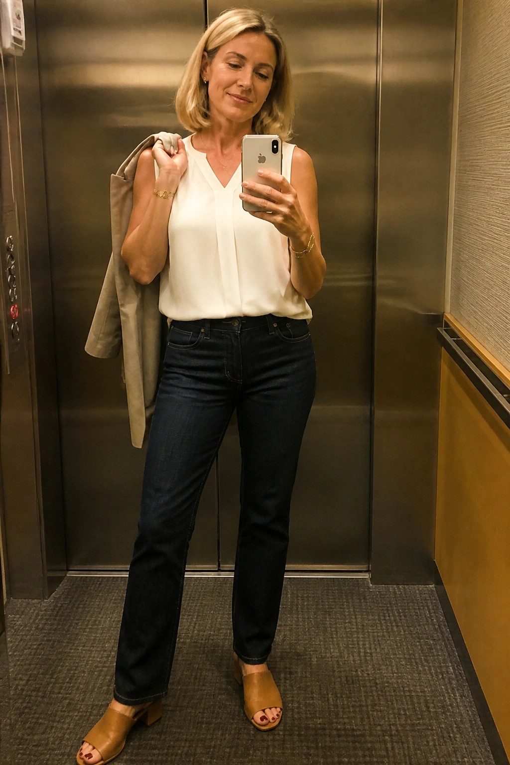 Blonde woman in white top and jeans taking selfie while holding jacket in elevator