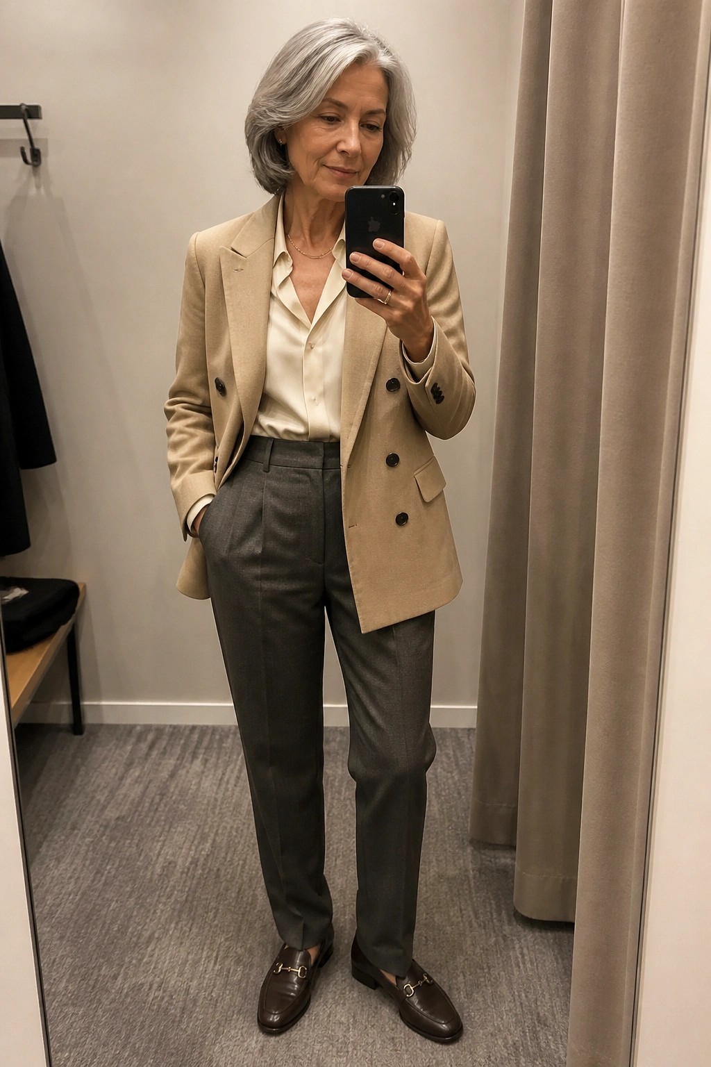 Silver-haired woman in beige blazer, cream blouse, gray trousers taking mirror selfie