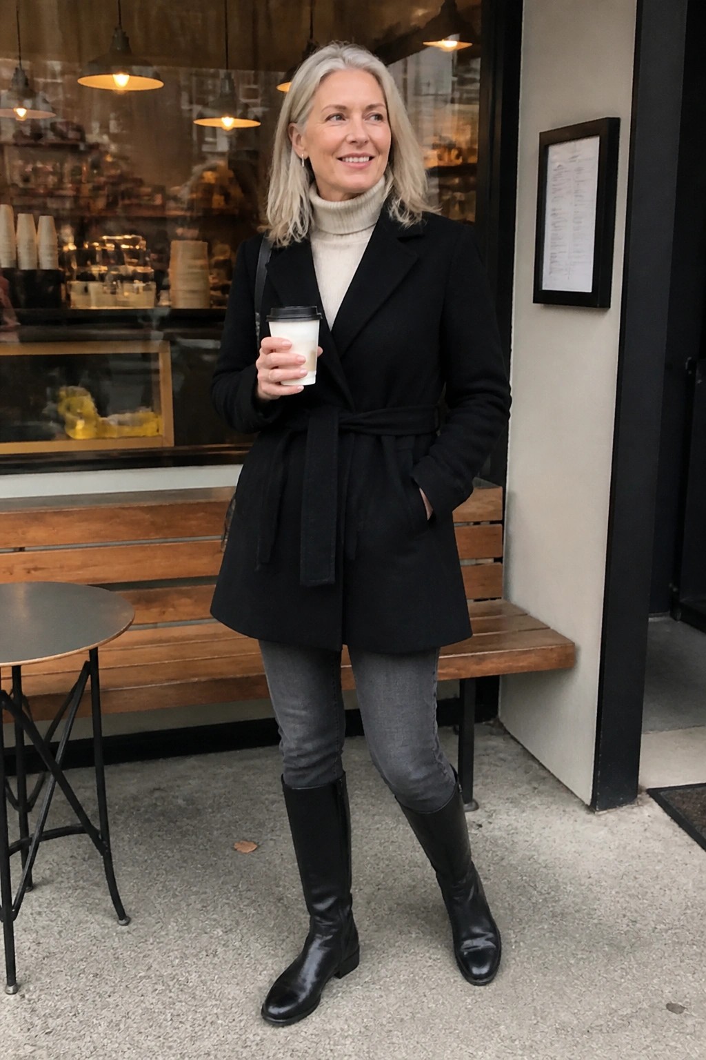 Woman over 50 in black belted wrap coat over cream turtleneck, gray jeans, and black tall boots while holding a coffee cup.