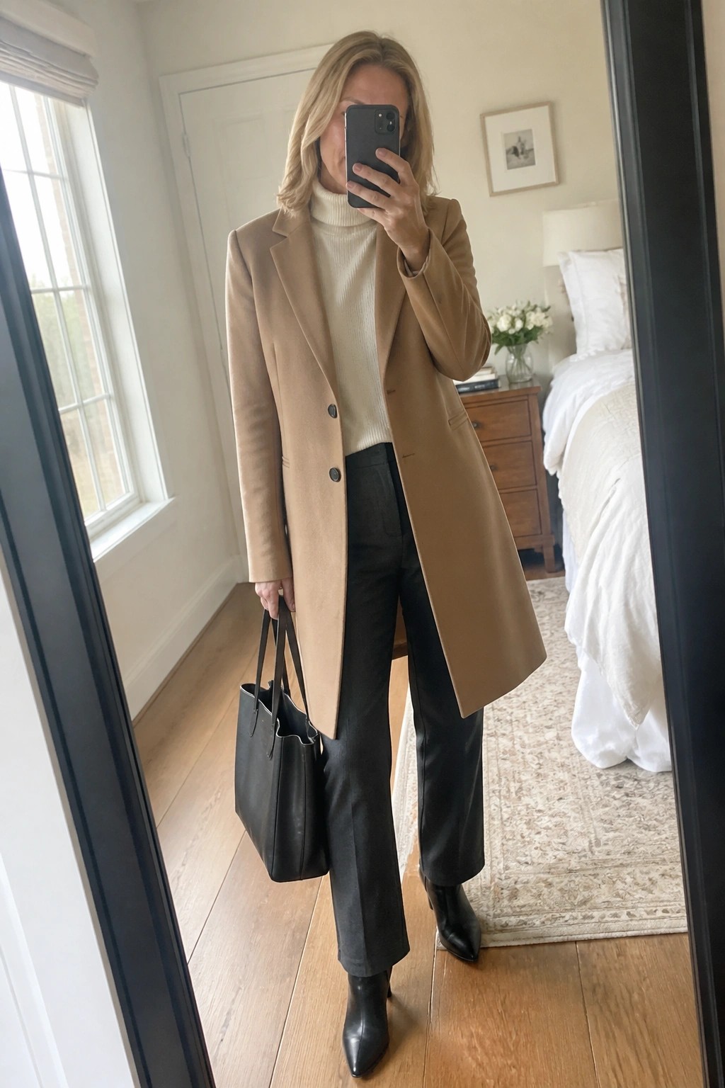 Woman in tan coat and cream turtleneck holding black tote in bedroom mirror