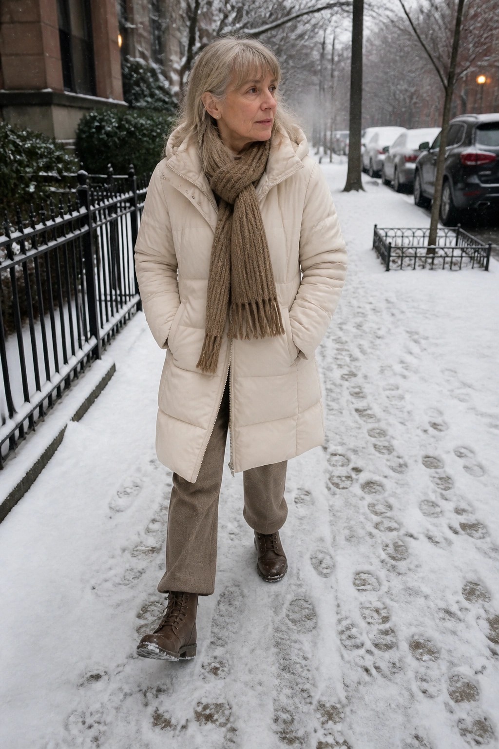 Older woman in cream puffer coat and brown scarf on snowy sidewalk