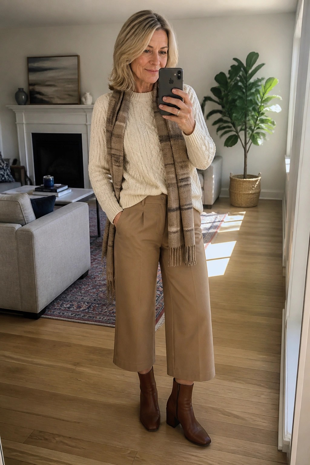 Blonde woman in cream sweater, plaid scarf, and tan pants taking living room selfie