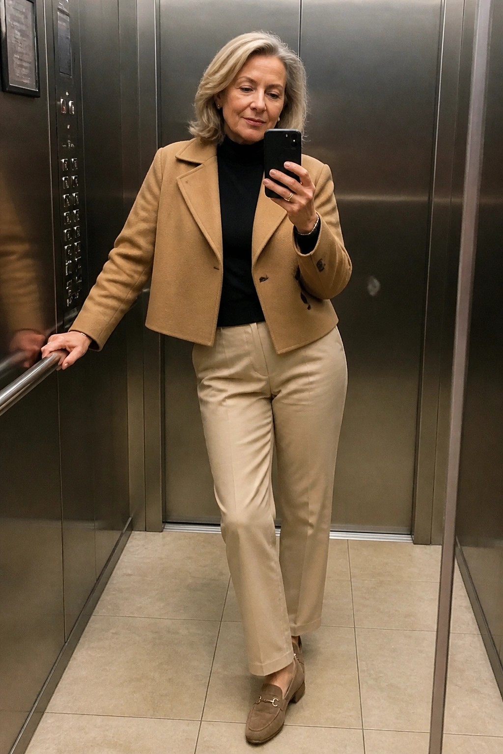 Woman over 50 in a camel cropped jacket over black turtleneck, beige trousers, and suede loafers taking a mirror selfie inside an elevator.