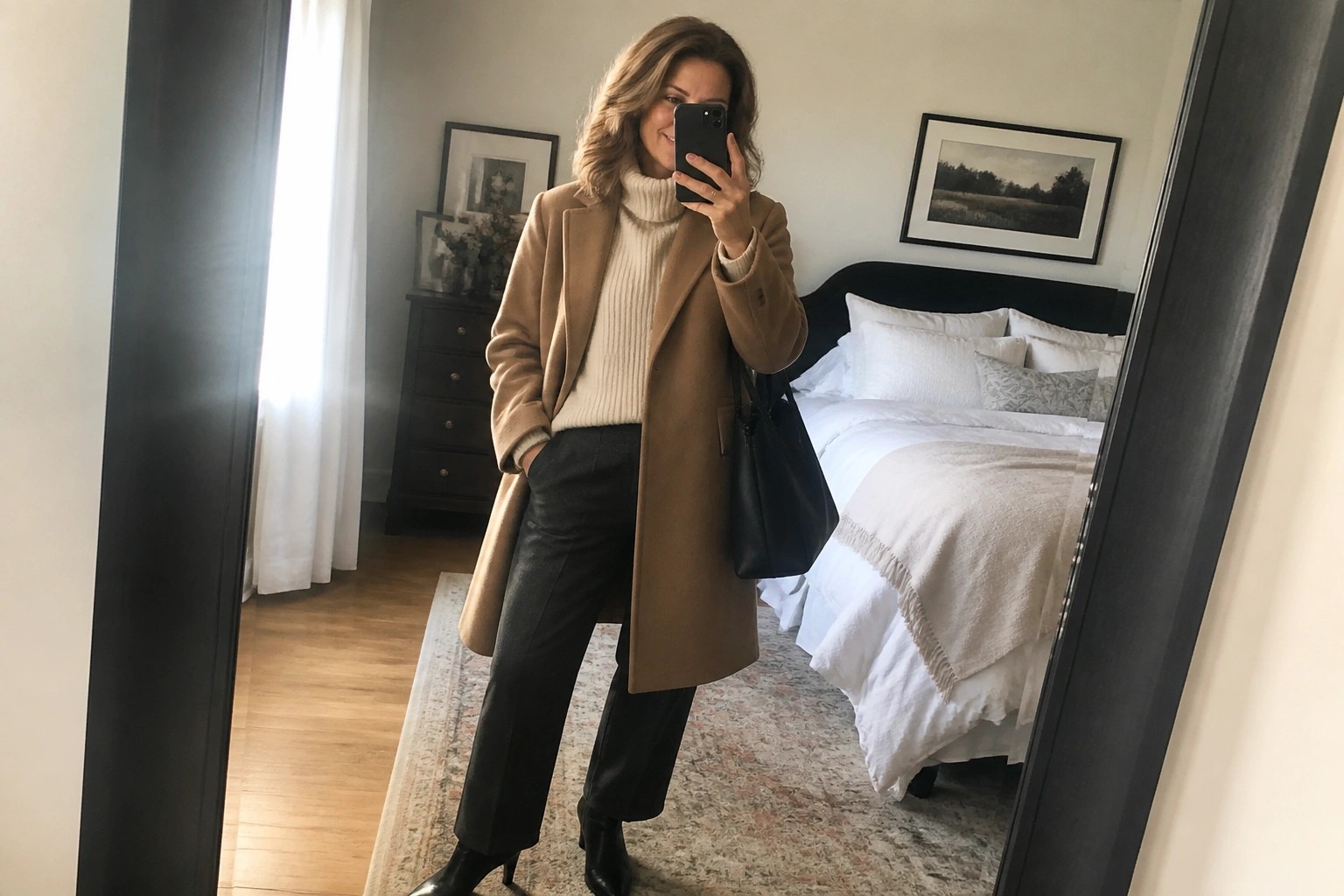 Woman in tan coat and cream turtleneck holding black tote in bedroom mirror