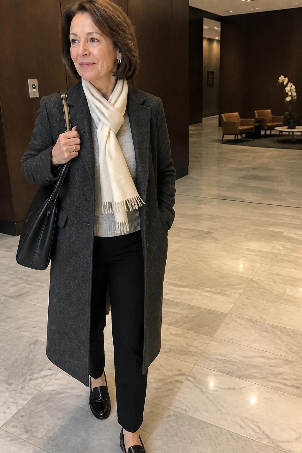 Woman in gray coat, cream scarf, black pants holding handbag in marble lobby
