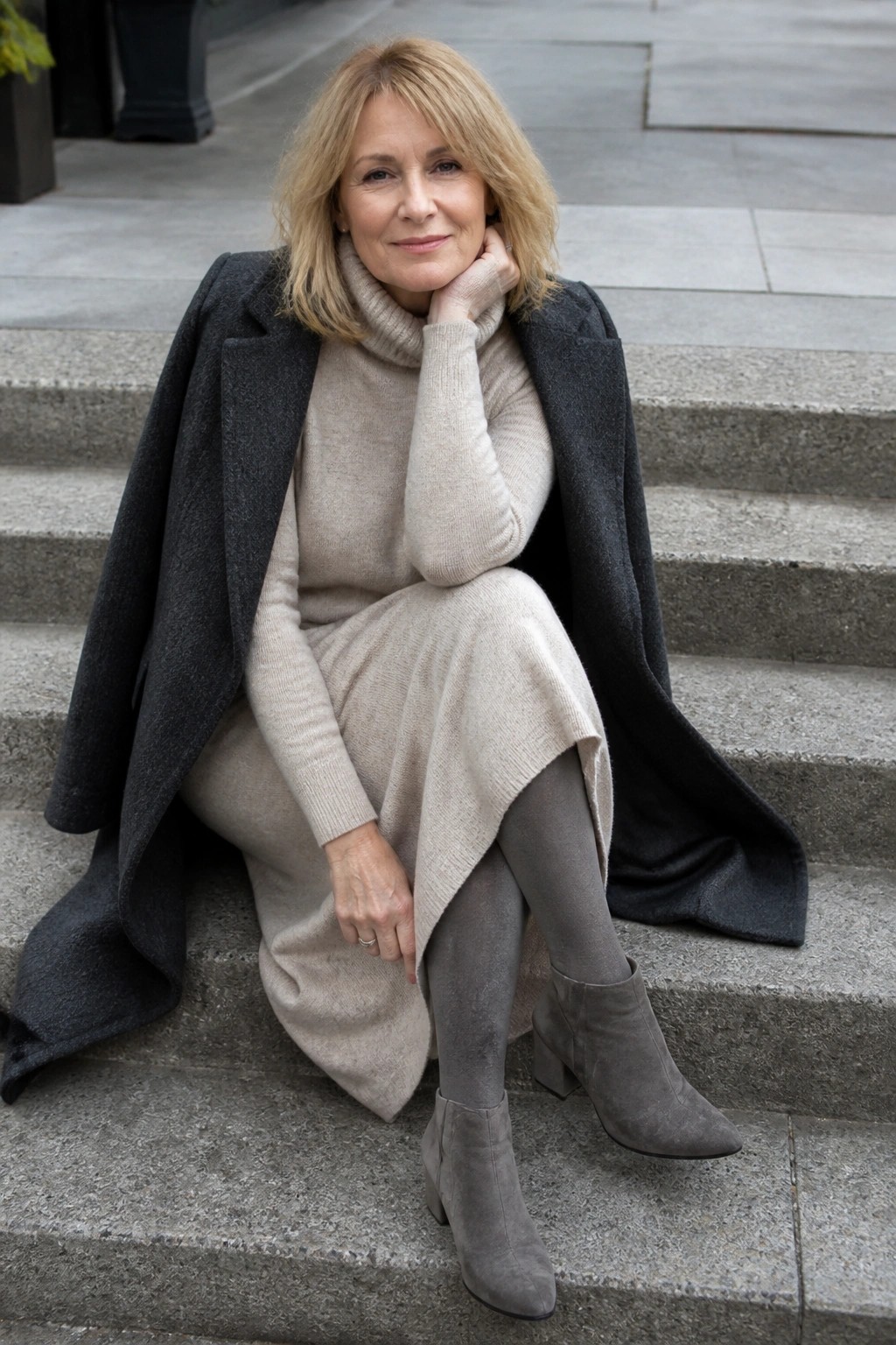 Blonde woman in beige turtleneck dress and gray coat seated on stone steps