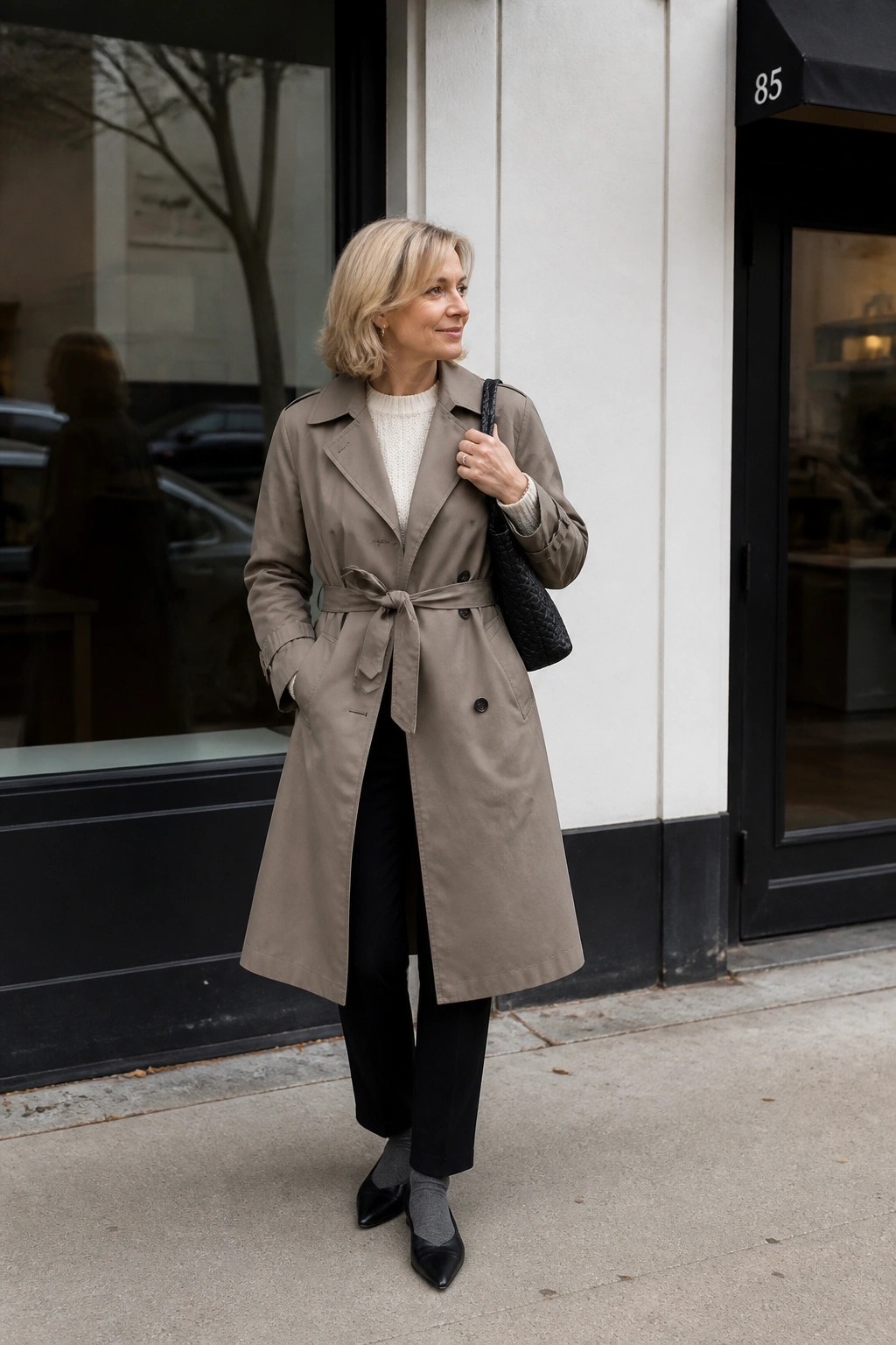 Woman standing in taupe belted trench coat over cream knit sweater with black trousers black pointed flats and gray socks while holding a black woven bag