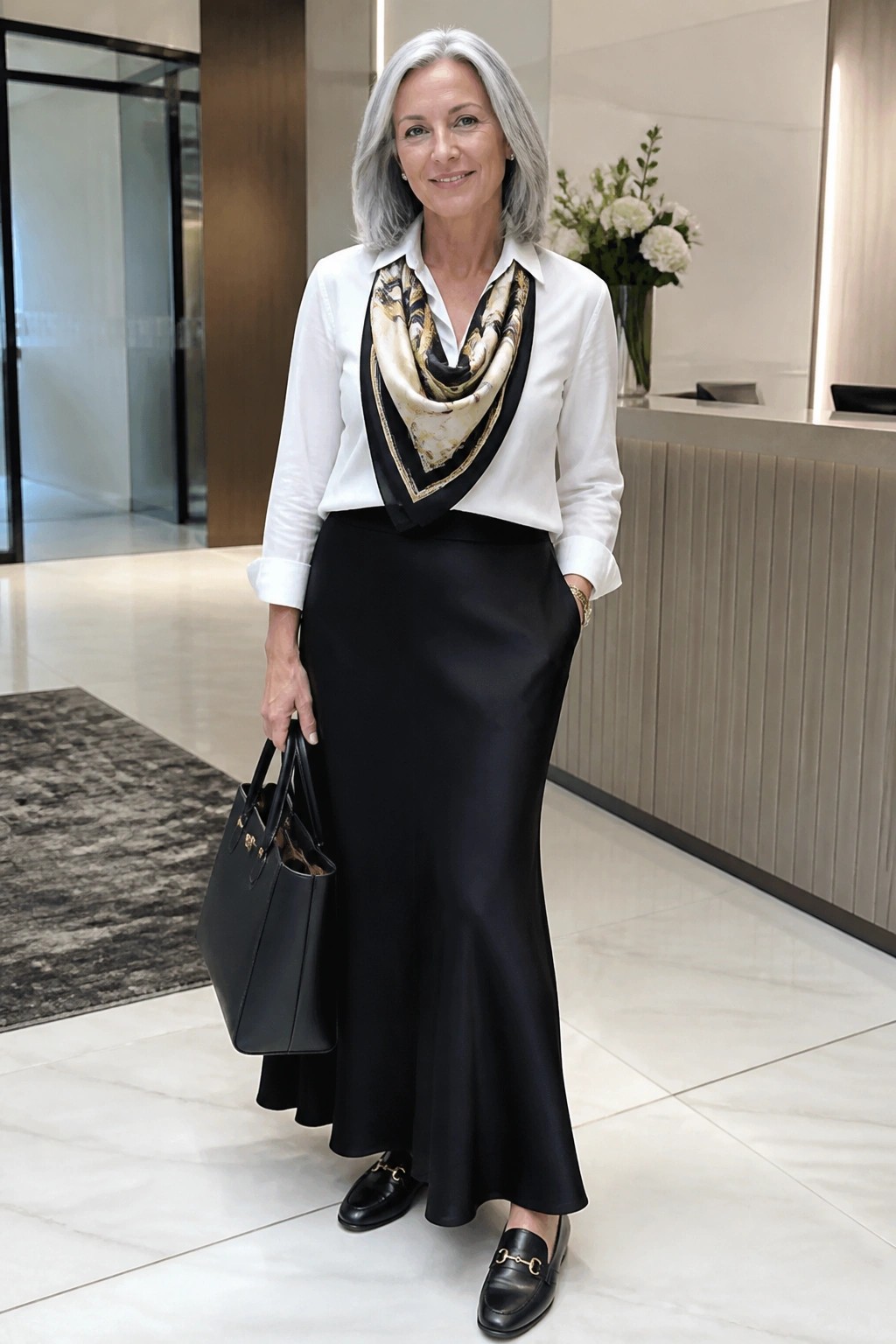 Woman over 50 in a white button down shirt tucked into a black satin maxi skirt with a black white and gold patterned scarf black loafers and a black tote bag.