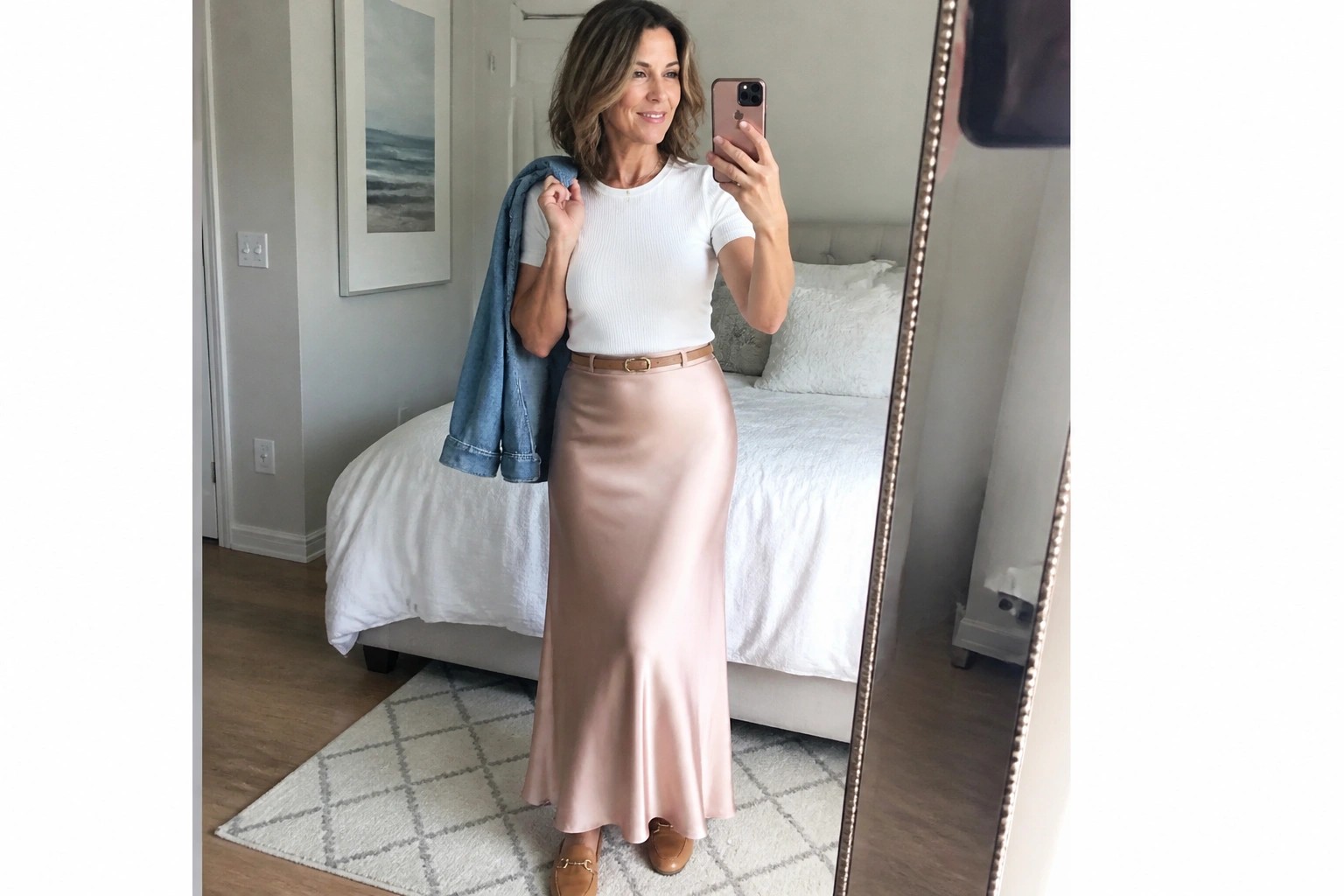 Woman in white top and pink satin skirt holding phone and denim jacket in bedroom