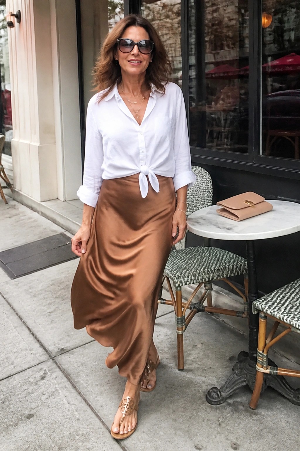 Woman in white tied shirt and brown satin skirt beside marble cafe table