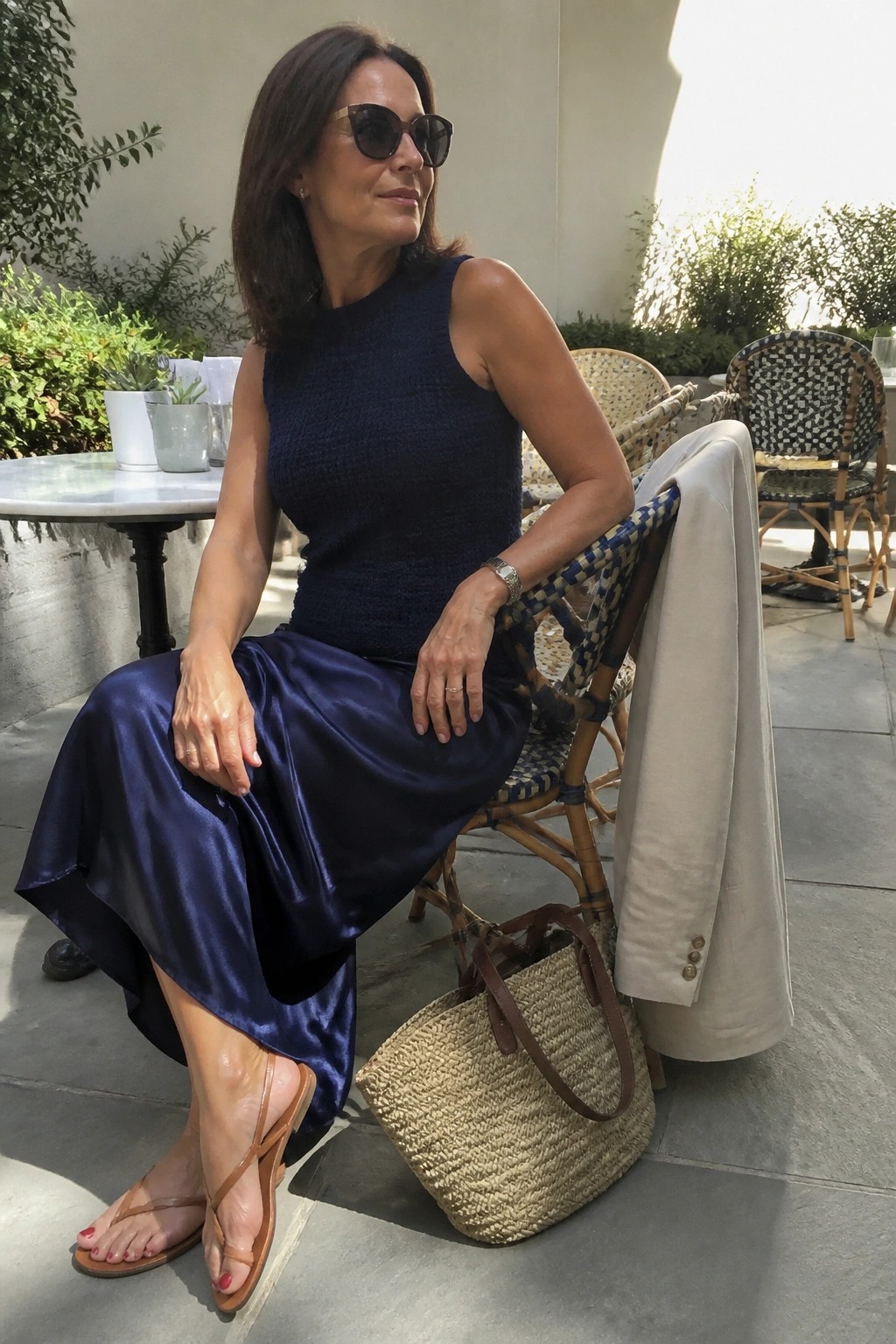 Woman over 50 wearing a navy satin maxi skirt with a matching sleeveless knit tank top, tan strappy sandals, and a straw tote bag while seated outdoors.
