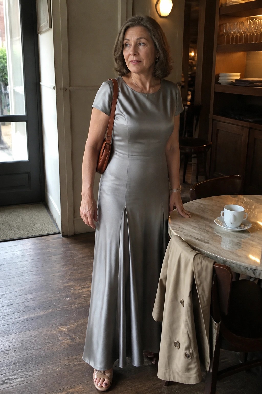 Woman in gray satin dress by marble table with beige coat on chair