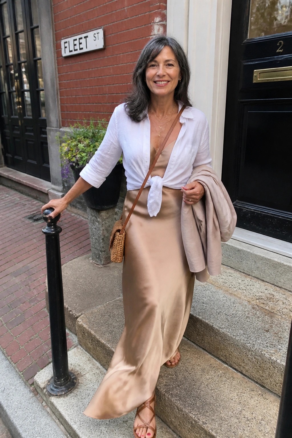 Smiling woman on steps wearing tied white shirt over long beige satin skirt