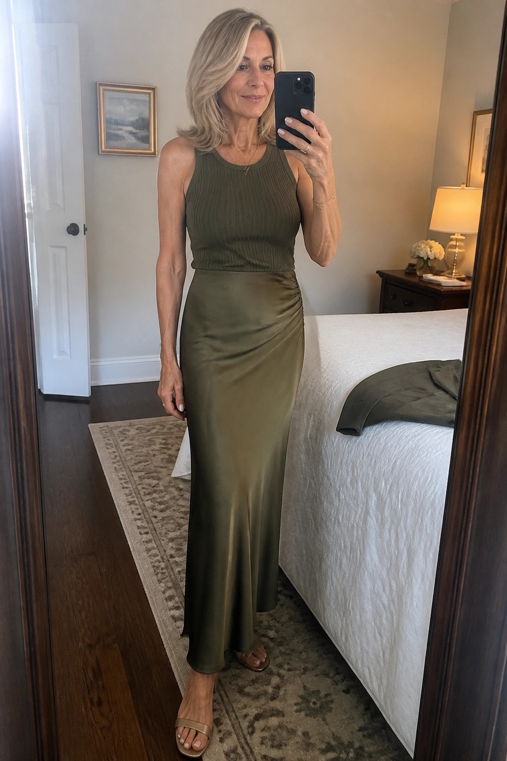 Woman in olive green ribbed top and satin skirt taking bedroom mirror selfie