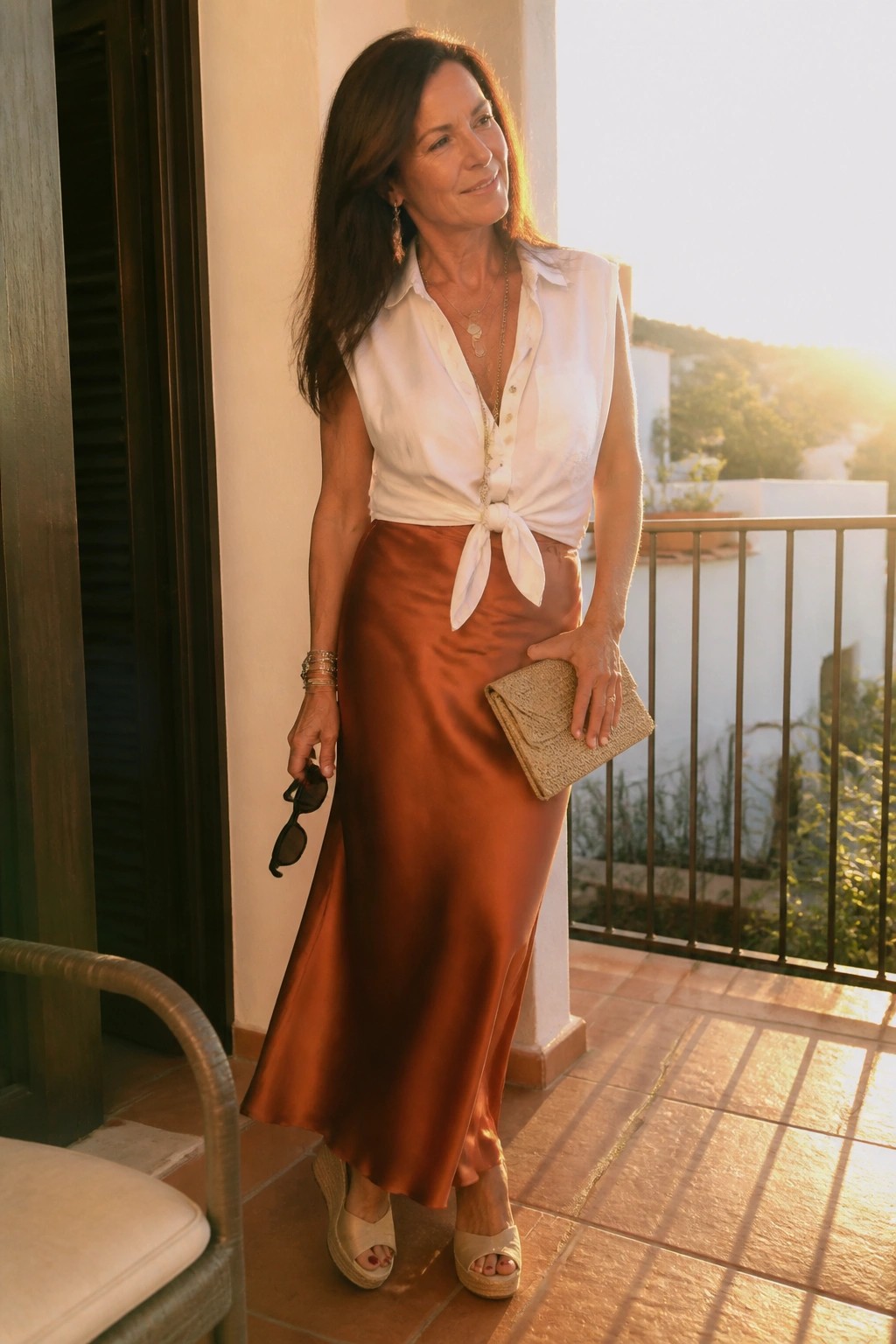 Woman in white tied blouse and orange satin skirt holding clutch on sunny balcony